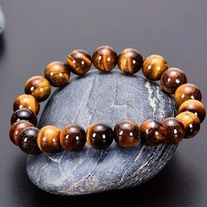NWT NATURAL TIGER EYE STONE BEAD SIMPLE CIRCLE STRING STRETCH UNISEX BRACELET
